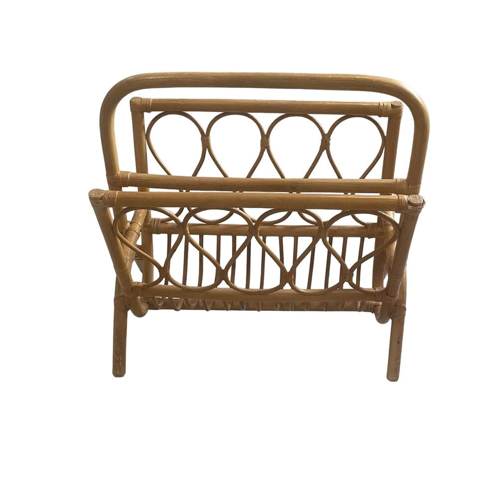 Vintage Mid Century Rattan Magazine Rack MCM Bamboo Book Holder Natural Boho